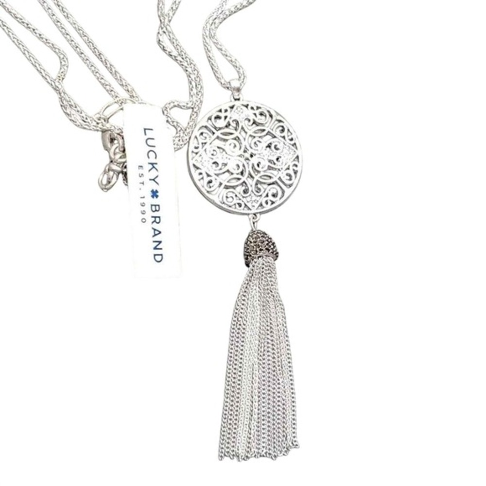 Lucky Brand Silver Tone Filigree‎ Medallion Tassel Long Pendant Necklace NEW